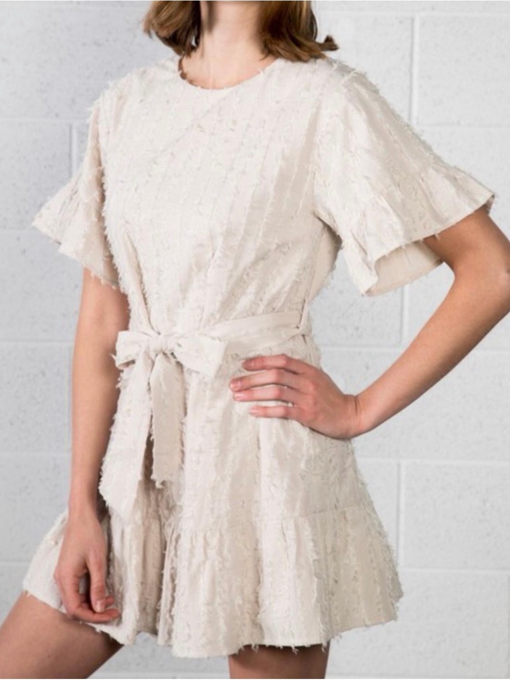 Tie-Waist Cream Mini Dress with Flutter Sleeves